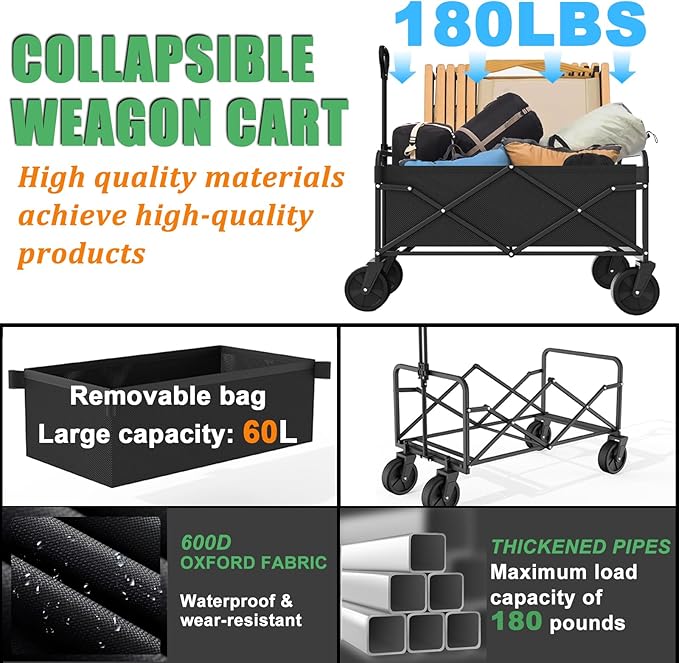 Collapsible Folding Utility Wagons, Foldable with Wheels, Grocery Cart on Wheels, Apartment Trolley Cart for Grocery Shopping Sports Garden Camping