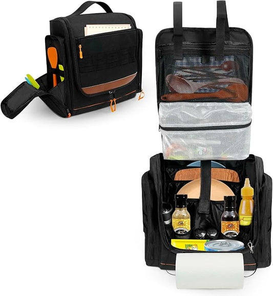 ORKELS Camping Organizer Hanging Tactical Camping Cookware Bag – Utensil Organizer with Towel Holder & Multiple Pockets for RV, Tent, Camper, Grilling