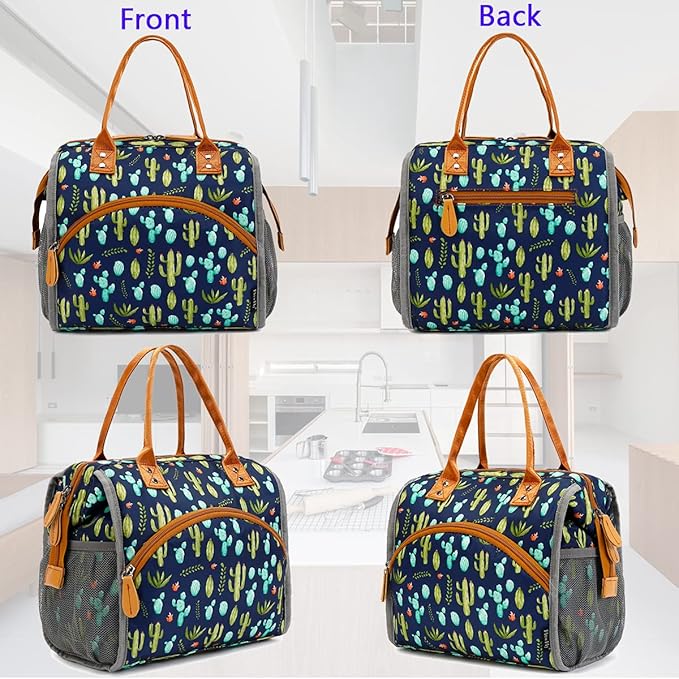 FlowFly Insulated Lunch Bag for Women, Men, Large and Reusable, Handle, Work and Travel Tote and Meal Prep Organizer, Cactus