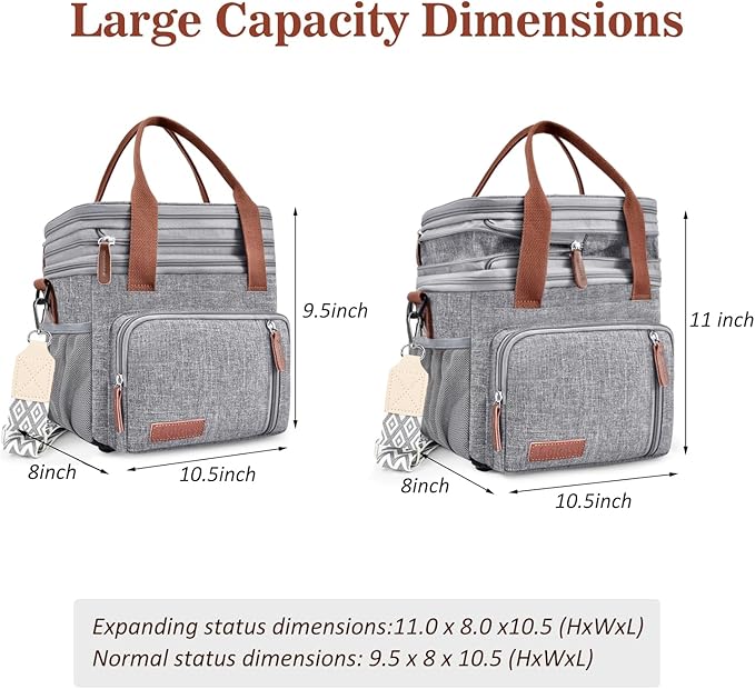 LOKASS Lunch Box for Women/Men-16L-Insulated Lunch Bag, Expandable Double-layer Leakproof Cooler Bag with Upgrade Adjustable Shoulder Strap Ideal for Work/Travel/Picnics（Gray）