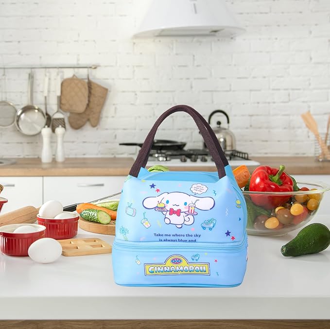 Kawaii Insulated Lunch Bag for Women Men, Cute Reusable Large Capacity Lunch Box, Double Compartment Container Lunch Tote Bag, Thermal Cooler Bag Food Handbags for Work Travel (Blue)