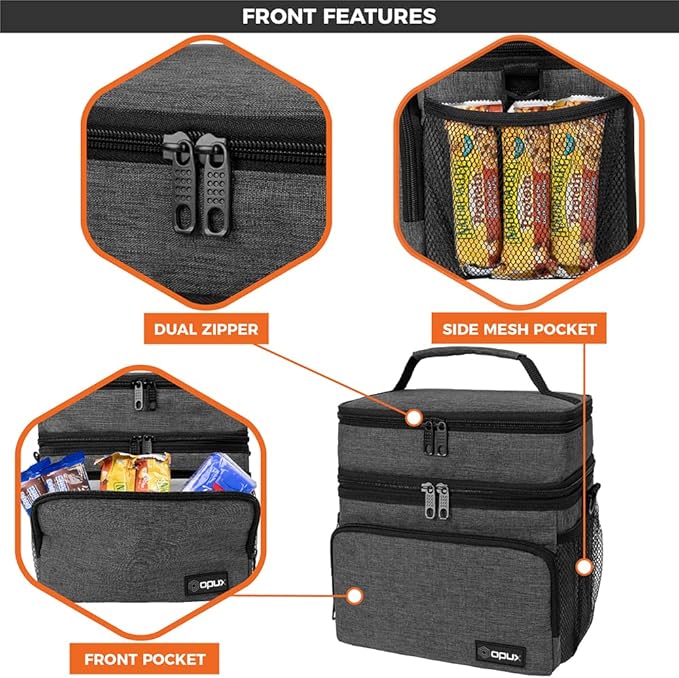 opux Insulated Lunch Bag for Men Women, Large Dual Compartment Cooler Bag, Soft Two Deck Lunch Box for Work School Picnic, Leakproof Lunch Tote with Strap for Kid Adult (Charcoal Gray, Double Deck)
