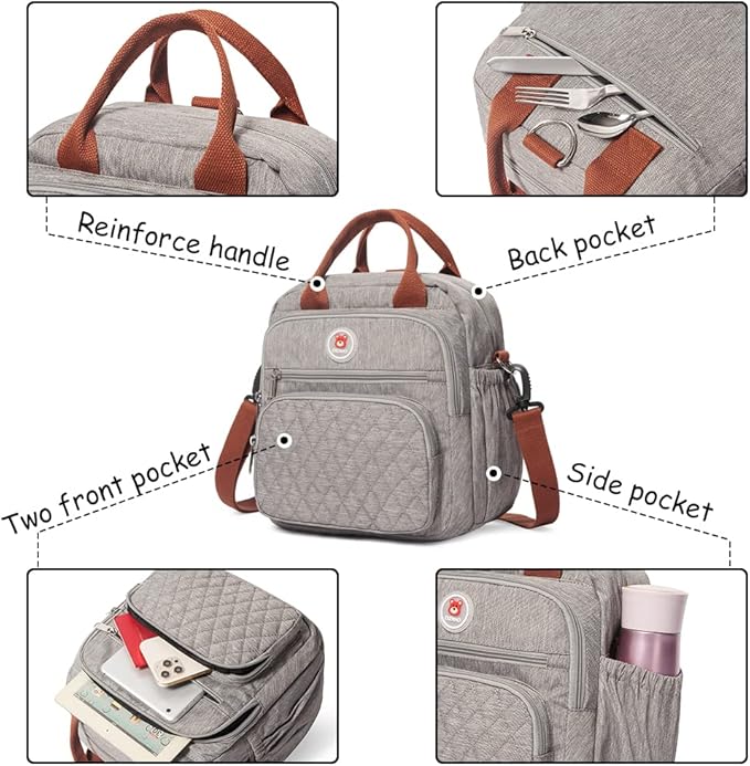 Insulated Lunch Bag Rucksack for Women/Men, 3 carrying way Lunch Tote, Large Waterproof Cooler Box with Side pockets for Adults, Work, Beach, Picnic, Grey