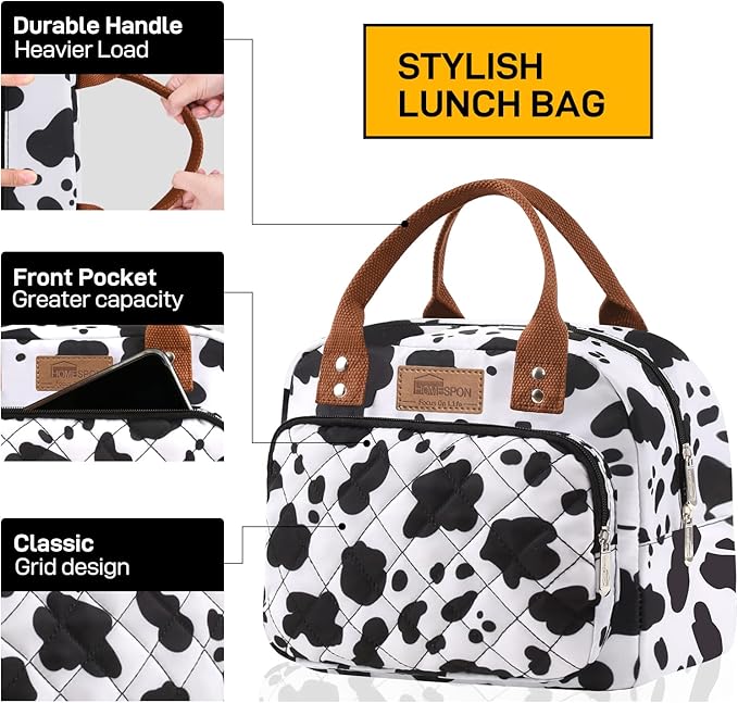 Buringer HOMESPON Lunch Bag for Woman Man Adults with Front Pocket Insulated Lunch Tote Lunch Box Container for Work Picnic or Travel（Cow）