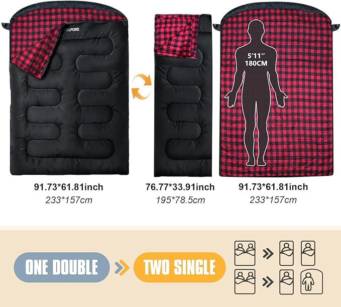 Double Sleeping Bag Flannel for Adults with 2 Pillows 2 Person Sleeping Bags Camping XXL Queen Size Two Person Sleeping Bag for Cold Weather