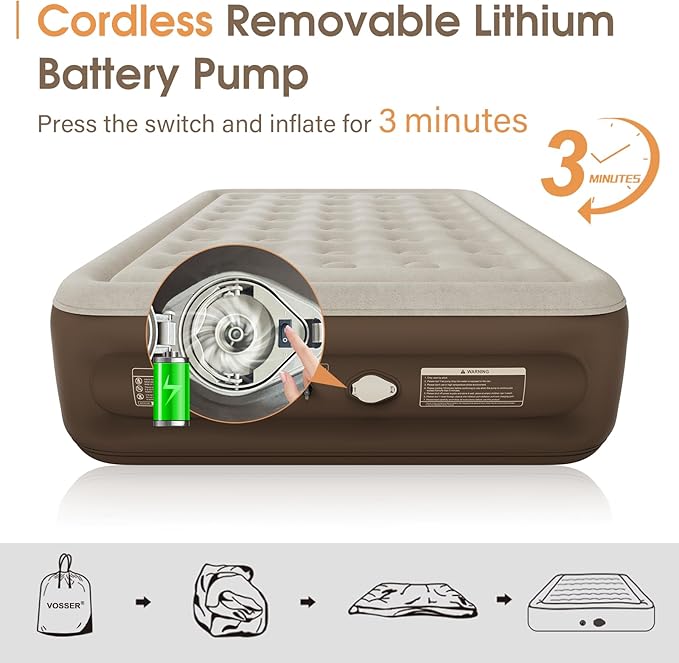 Queen Size Airbed with Detachable Rechargeable Pump - for Camping & Home Use, Portable Design, Supports up to 660 lbs MAX