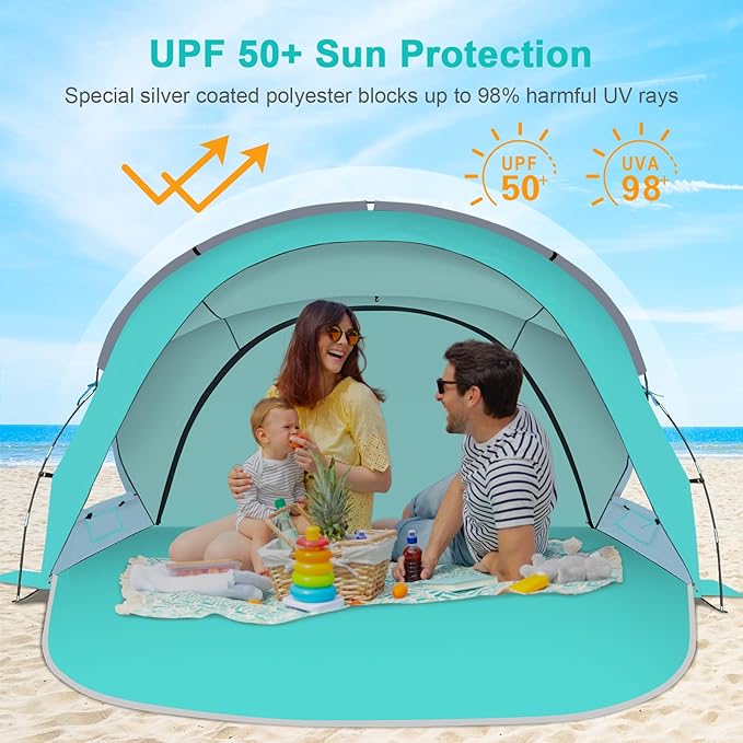 Gorich Beach Tent Sun Shelter with UPF50+ UV Protection for 3-6 Person, Lightweight & Portable Beach Shade Canopy with 2 Zippered Doors, Easy Setup Family Beach Umbrella