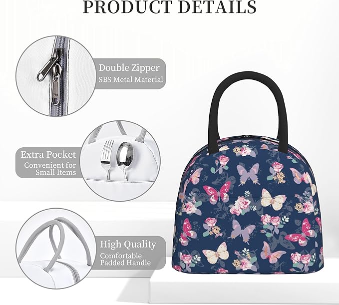 Lunch Bag Lunch Box for Women Men Boys Girls, Reusable Insulated Lunch Tote Bag, Leakproof Thermal Cooler Sack Food Handbags High Capacity for Work School Picnic Camping Gifts (Butterfly)
