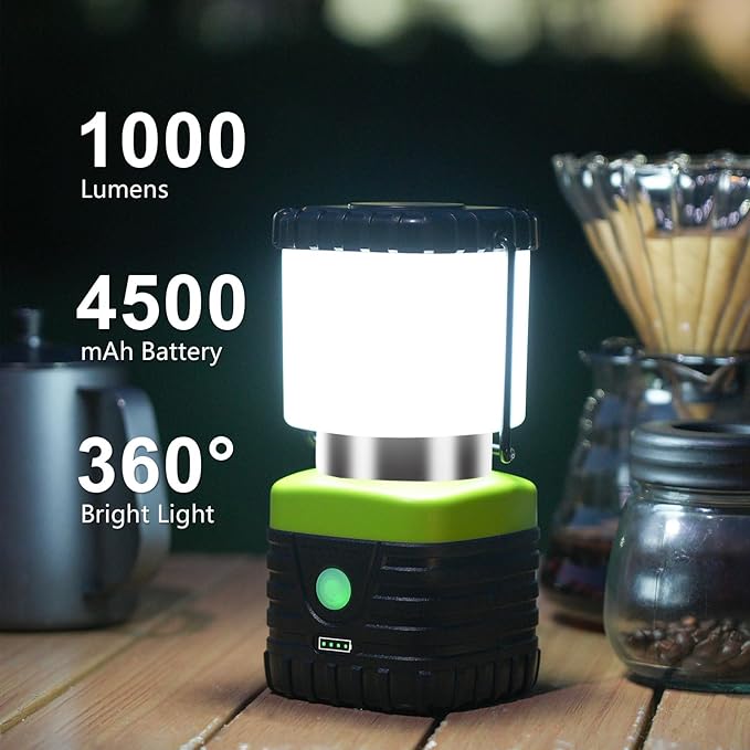 2PCS 6500K White Light LED Camping Lantern Rechargeable 1000LM, 4500mAh Power Bank, Flashlight for Hurricane Emergency, Hiking, IP44 Waterproof Lantern(Black)