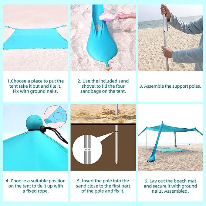 Beach Tent Sun Shelter UPF50+, 10x10 FT Family Beach Shade Canopy with 4 Aluminum Poles, Beach Blanket, Carrying Bag and Sand Shovel, Outdoor Pop Up Tent for Beach Camping Trips