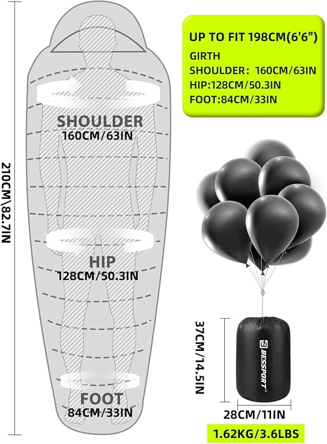 Bessport Mummy Sleeping Bag | 15-45 ℉ Extreme 3-4 Season Sleeping Bag for Adults Cold Weather– Warm and Washable, for Hiking Traveling & Outdoor Activities