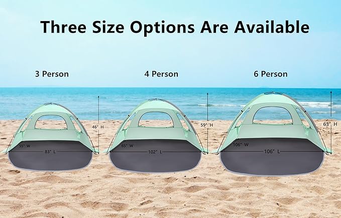 NXONE Beach Tent Sun Shade Shelter for 4 Person with UV Protection, Extended Floor, 3 Mesh Roll Up Windows & 8.5mm Fiberglass Rods丨Carry Bag Included (Mint Green)