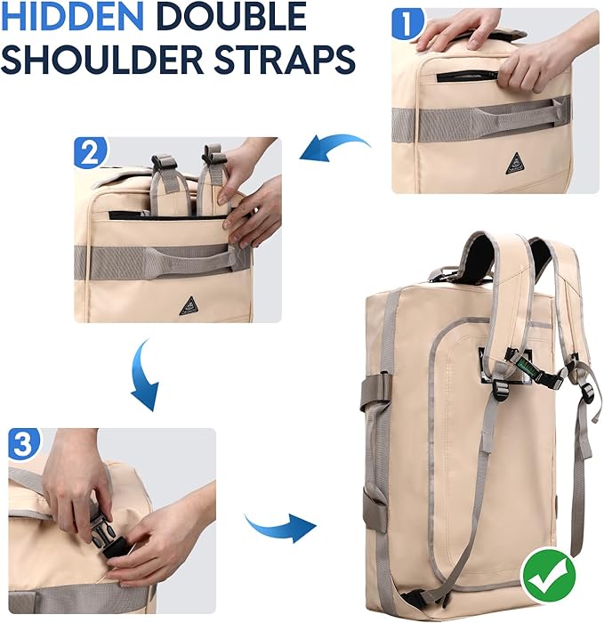 Haimont Large Sports Duffel Backpack Bag for Men, Travel Duffel Bags with Backpack Straps, Heavy Duty and Water Resistant, Beige,60L