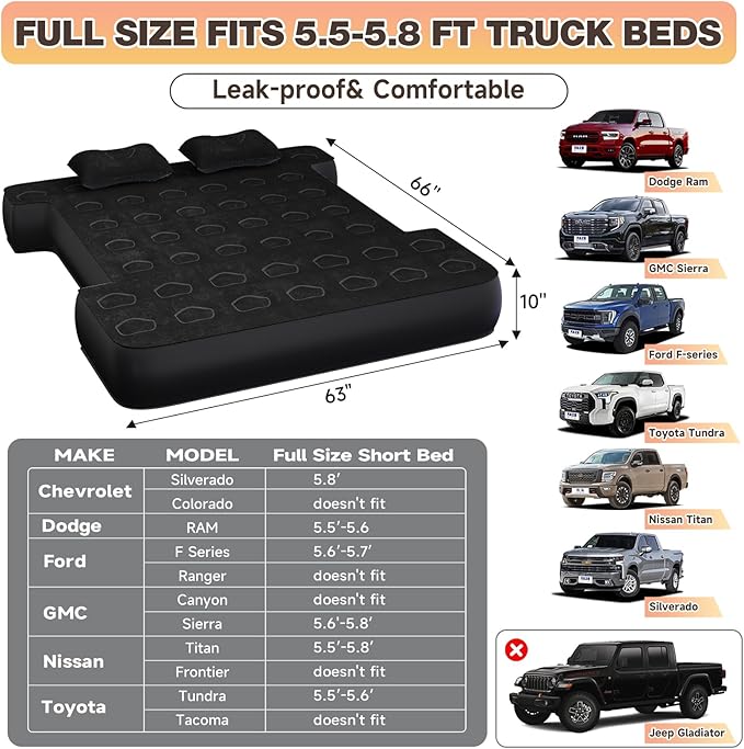 Umbrauto Built-in Pump Air Mattress for 5.5-5.8ft Full Size Short Truck Bed, Inflatable Camping Airbed with Rechargeable Cordless Pump for Truck Tent Camper