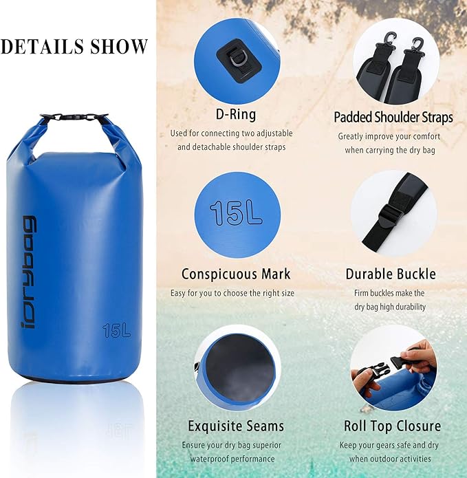 IDRYBAG Dry Bags for Kayaking Waterproof 2L/5L/10L/15L/20L, Small Dry Bag Waterproof Floating, Dry Sack Waterproof Bag for Paddleboarding Travel