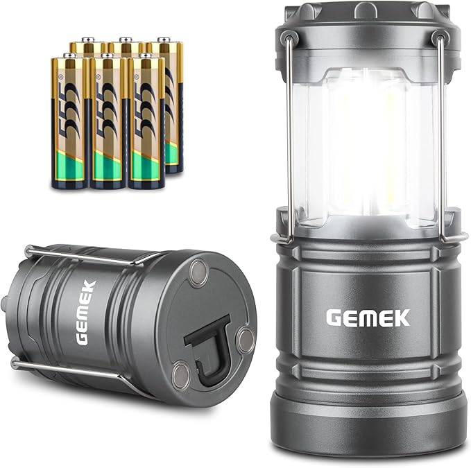 GEMEK Camping Lantern, 2 Portable LED Battery Powered Lantern with Magnetic Base & Foldable Hanging Hook- Collapsible Lamp Perfect for Power Outages, Hiking, Campsites, Roadside Car Repair (Gray)