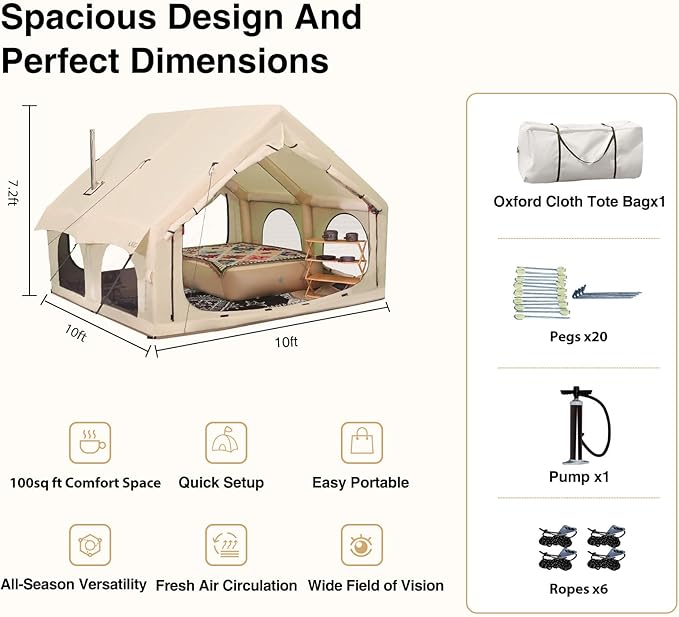 2025 Upgraded 100% Waterproof Inflatable Camping Tent, Large Blow-Up Air Tent, No Assembly Needed Luxury Glamping House, Oxford Fabric