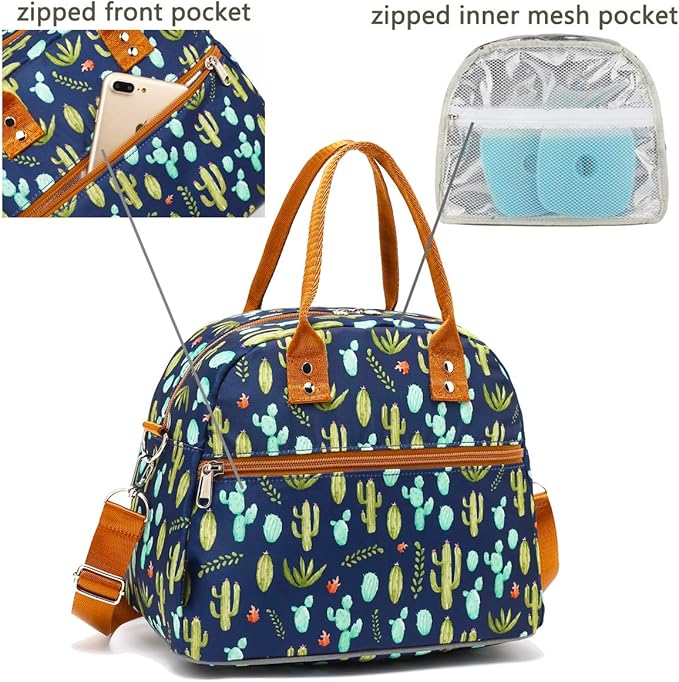 FlowFly Insulated Lunch Bag With Shoulder Strap for Women, Men, and Kids, Large and Reusable, Handle, Freezable Work and School Travel Tote and Meal Prep Organizer,Cactus