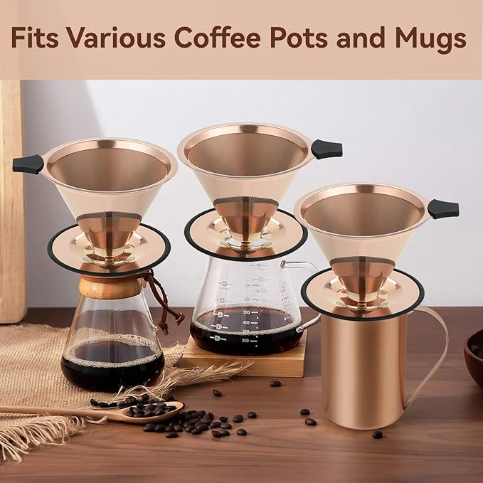 Pour Over Coffee Dripper Filter: Reusable Stainless Steel Coffee Filters - Metal Cone Filter Paperless Single Cup Coffee Maker 1-4 Cup with Double Mesh & Non-slip Cup Stand Rose Gold