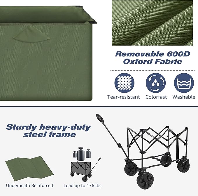 Chihee Folding Beach Wagon Cart, Army-Green, Large Capacity, Removable Fabric, Portable, Lightweight, with Braking System, for All-Terrain Wheels, Ideal for Camping Trips