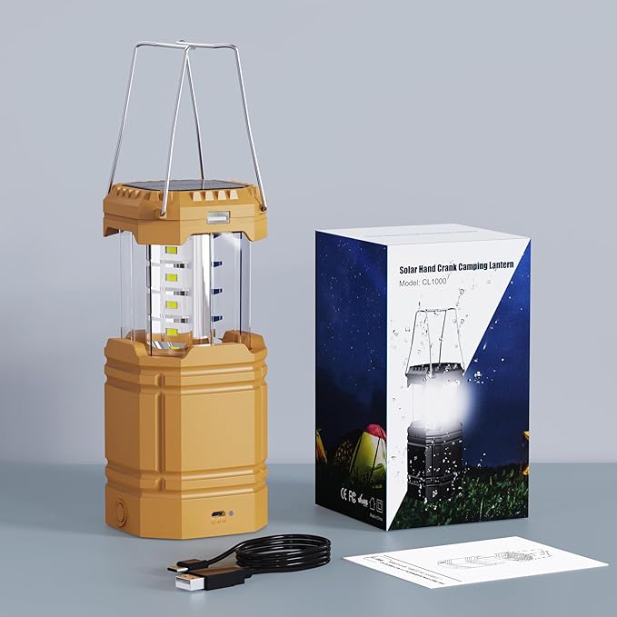 3000 Large Capacity Hand Crank Solar Camping Lantern, Portable Ultra Bright LED Torch, 23-26 Hours Running Time, USB Charger, Electronic Lantern for Outdoor