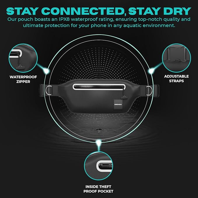 Drench 100% Underwater Waterproof Fanny Pack. Waist Pack. Submersible Waterproof Phone Pouch. Dry Bag for Swimming & Snorkelling. Underwater Phone case. (black with 2 rings)