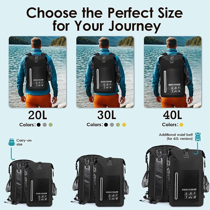 Waterproof Backpack 20L/30L/40L- Roll Top Closure Bag - Hiking Backpack - Lightweight Durable Floating Dry Bag with IPX8 Waterproof Phone Case