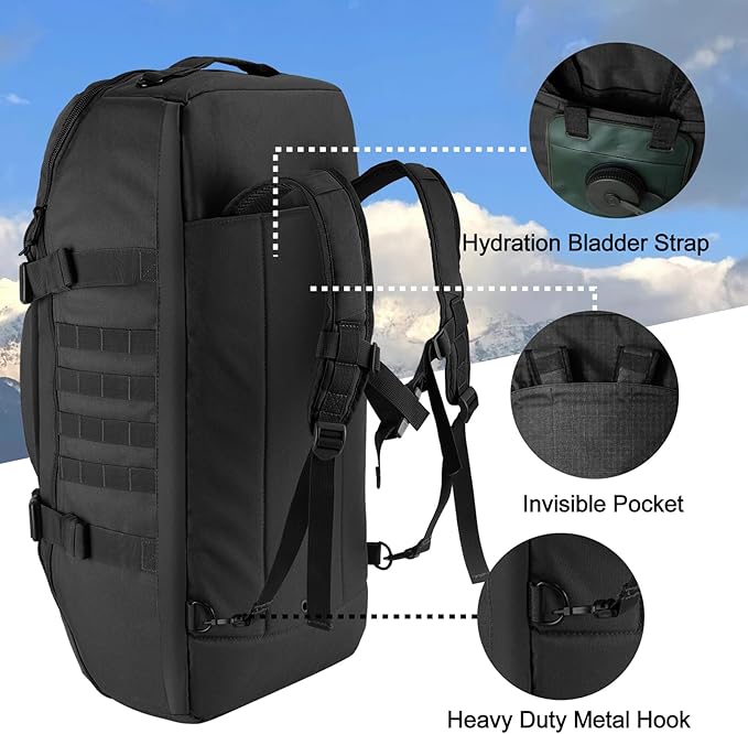 Travel Gym Duffle Bag Tactical, for Men Women Multi-functional Backpack,3 in 1 Shoulder Bag Backpack Handbag for Sports Hiking Camping, Water Resistant & Easy Clean (Black, 55L)