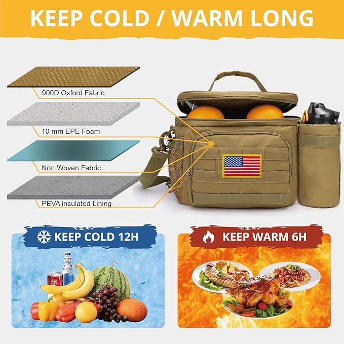 Tactical Lunch Box for Men, Insulated Lunch Bag MOLLE Webbing Leakproof, Cooler Large Lunchbox Women Adult with Adjustable Shoulder Strap Durable, Construction Heavy Duty Lunch Pail, Brown