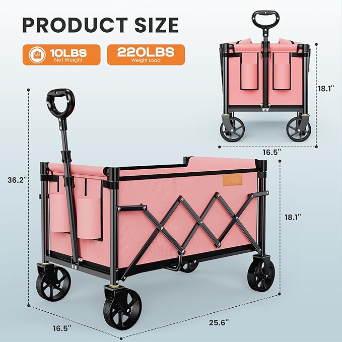 Collapsible Wagon Cart Foldable with 220lbs Weight Capacity, Lightweight Portable Folding Grocery Shopping Cart with Wheels for Camping Sports Beach and Shopping, Pink