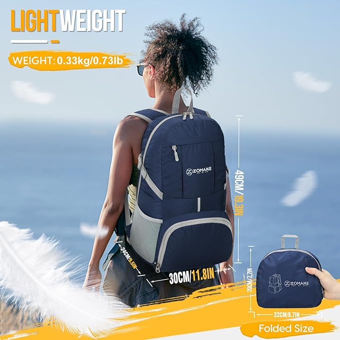 ZOMAKE Lightweight Packable Backpack 35L, Light Foldable Backpacks Water Resistant Collapsible Hiking Bag, Compact Folding Day Pack for Travel Camping(Navy Blue)