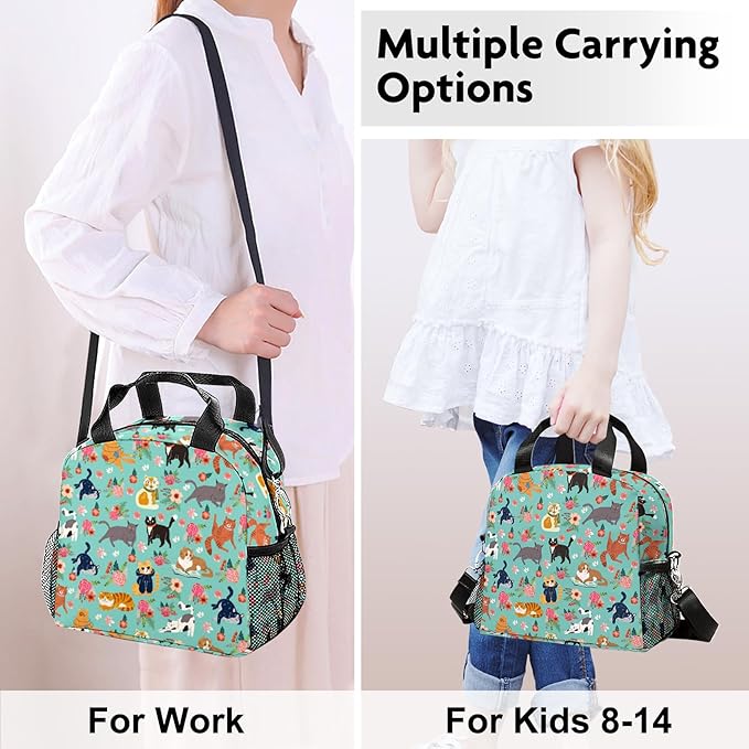 Lunch box Kids,Insulated Cat Lunch Bag Cute Small Lunch Totebag Reusable Leakproof Lunch Bag With Shoulder Strap for Girls Boys Women School Work Picnic