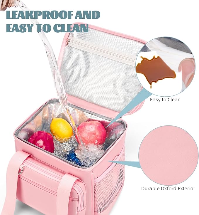 Insulated Lunch Box for Men/Women: Reusable Lunch Bag for Work Office Daytrip Picnic Beach - Leakproof Cooler Tote Bag Organizer for Adults - Pink