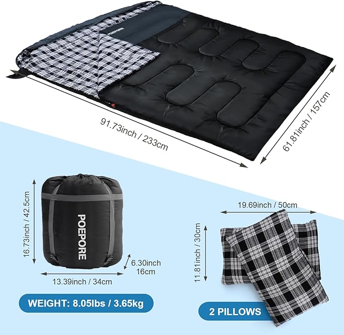Double Sleeping Bag Flannel for Adults with 2 Pillows 2 Person Sleeping Bags Camping XXL Queen Size Two Person Sleeping Bag for Cold Weather