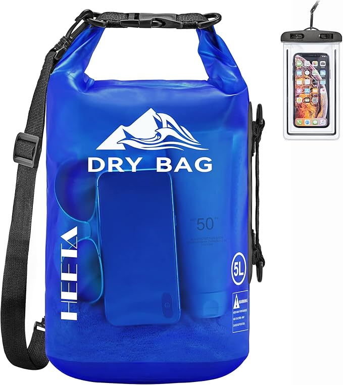 HEETA Dry Bag Waterproof for Women Men, 5L/10L/20L/30L/40L Roll Top Lightweight Dry Storage Bag Backpack with Phone Case for Travel, Swimming, Boating, Kayaking, Camping & Beach, 11 Transparent Colors