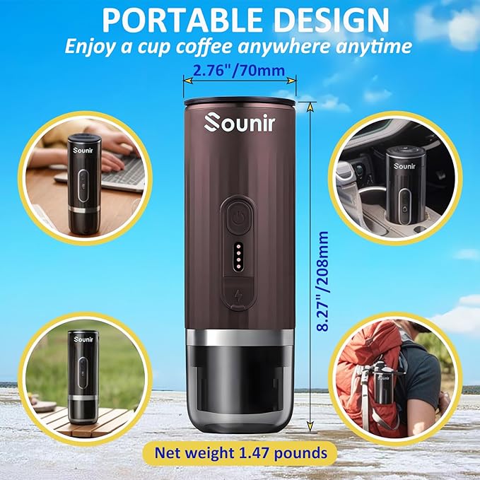 Portable Espresso Machine & Coffee Maker for Camping, Travel, Office - Self-Heating, USB-C Charger, Compatible NS Capsule & Ground Coffee (Coffee Brown)