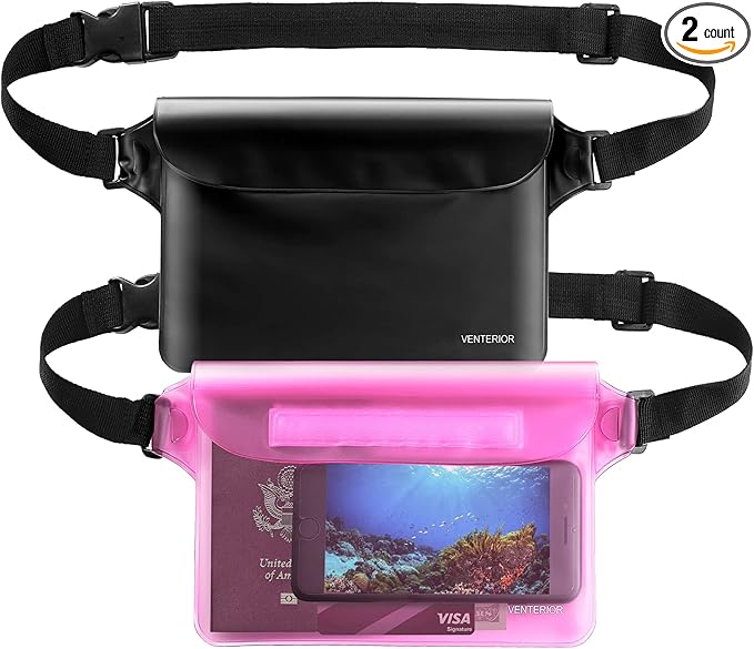 Waterproof Waist Pouch 2-Pack | Beach Accessories Fanny Pack for Swimming Snorkeling Sailing Kayaking Beach Pool Water Parks | Keep Your Phone Wallet Safe and Dry (White & Black)
