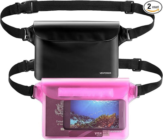 Waterproof Waist Pouch 2-Pack | Beach Accessories Fanny Pack for Swimming Snorkeling Sailing Kayaking Beach Pool Water Parks | Keep Your Phone Wallet Safe and Dry (White & Black)