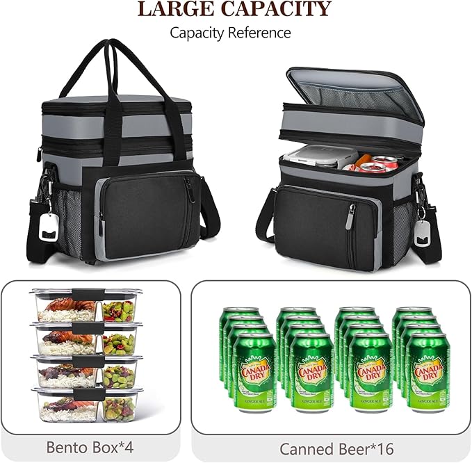 LOKASS Lunch Bag & Lunch Box for Men Women - Double Deck Expandable Insulated Waterproof Leakproof Cooler Bag for Work/Picnic - Grey