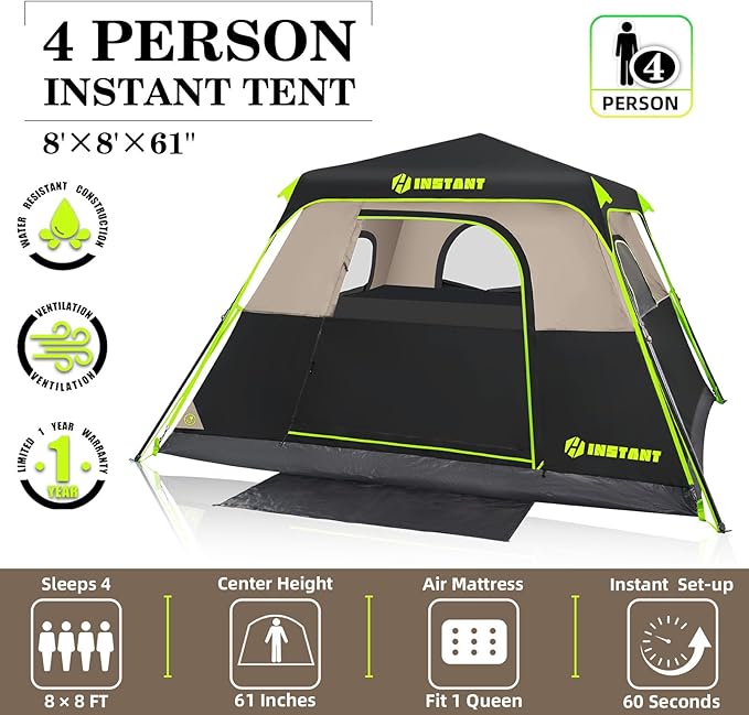 4/6 Person Instant Tent, Waterproof Pop Up Tents for Camping with Rainfly, 60 Seconds Easy Setup, Automatic Cabin Tent for Family Camping with Expandable Carry Bag & Upgraded Ventilation