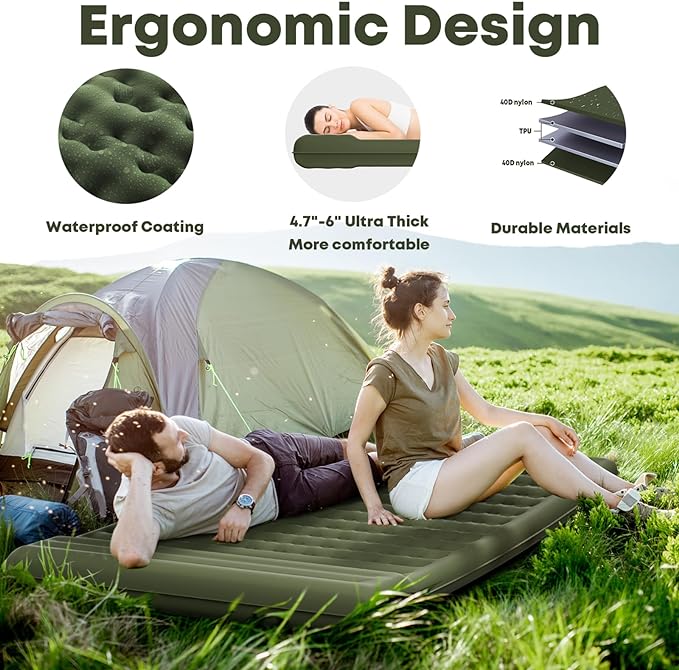 Sleeping Pad 4.7" Extra Thick, Upgraded Reinforced Support Structure with Built-in Foot Pump and Pillows Portable Camping Air Mattress Bed for Tent Backpacking Hiking