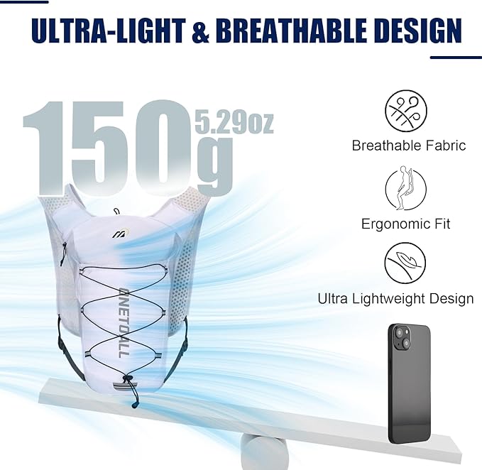 Running Vest for Women & Men, Lightweight 150g Hydration Backpack, 6L Pack for Trail Running, Marathon, Hiking, Cycling, Jogging, Adjustable Fit