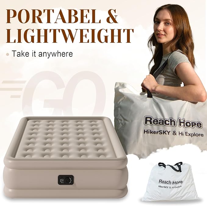 Air Mattress with Built in Pump Full, Plug-in Electric Pump Self-Inflatable Air Bed, Blow Up Travel Bed, Comfortable Airbed for Rental Home, Camping and Guests.(18" Height Full, Khaki)