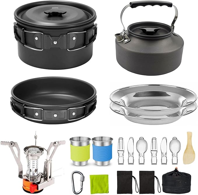 Camping Cookware Camping Cooking Set, Non-Stick Pots and Pans with Stove and Kettle, 2 Stainless Steel Plates, 2 Water Cups, 2 Sets of Knives and Forks, Spatula, Dish Towel, Backpack Storage Bag