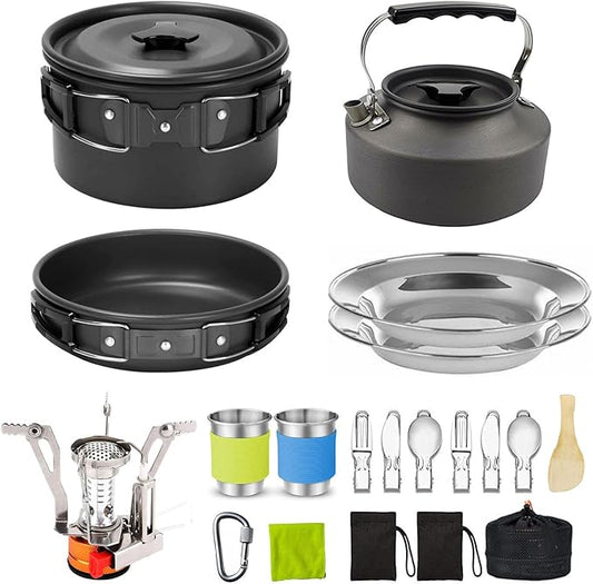 Camping Cookware Camping Cooking Set, Non-Stick Pots and Pans with Stove and Kettle, 2 Stainless Steel Plates, 2 Water Cups, 2 Sets of Knives and Forks, Spatula, Dish Towel, Backpack Storage Bag