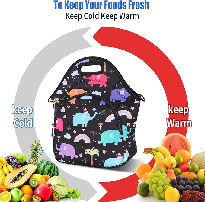 Violet Mist Neoprene Lunch Bag Reusable Insulated Cartoon Elephant Snack Bags, Unisex, 12.6"L x 11.8"H x 6.3"W, Non-Toxic, Eco-Friendly, Durable, Adjustable Shoulder Strap