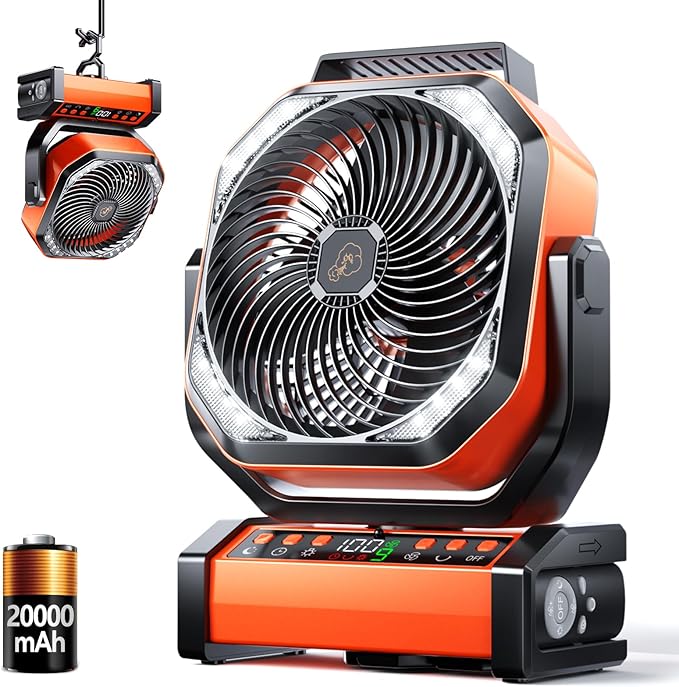 Camping LED Fan with Light, 40000mAh Rechargeable Battery Powered Outdoor Tent Fan with Light and Hook, 8 Speed, Personal USB Desk Fan for Camping, Fishing, Power Outage,Hurricane, Worksite