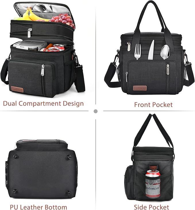 LOKASS Lunch Box for Women, 16L, Double Deck Expandable Insulated Lunch box For Adults/Women Thermal Large Waterproof Leakproof Cooler Bag with Shoulder Strap - Black