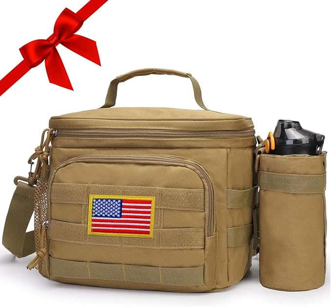 Tactical Lunch Box for Men, Insulated Lunch Bag MOLLE Webbing Leakproof, Cooler Large Lunchbox Women Adult with Adjustable Shoulder Strap Durable, Construction Heavy Duty Lunch Pail, Brown