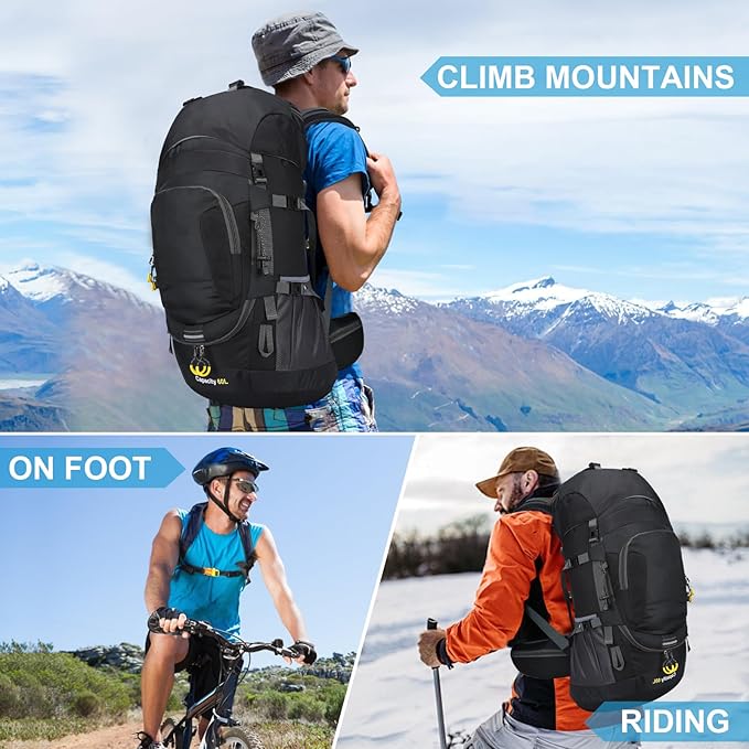 ShowyLive 60L Hiking Backpack for Men/Women - Lightweight Waterproof Travel Backpack with Rain Cover, Multi-Compartments, Adjustable Straps - Large Camping Bag for Outdoor Adventures (Black)